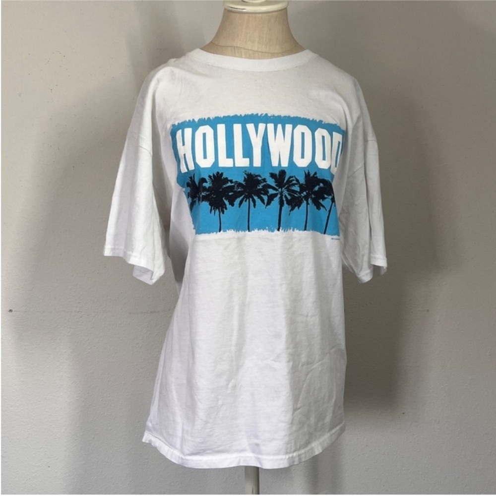 White T-Shirt with Blue 'Hollywood' Print